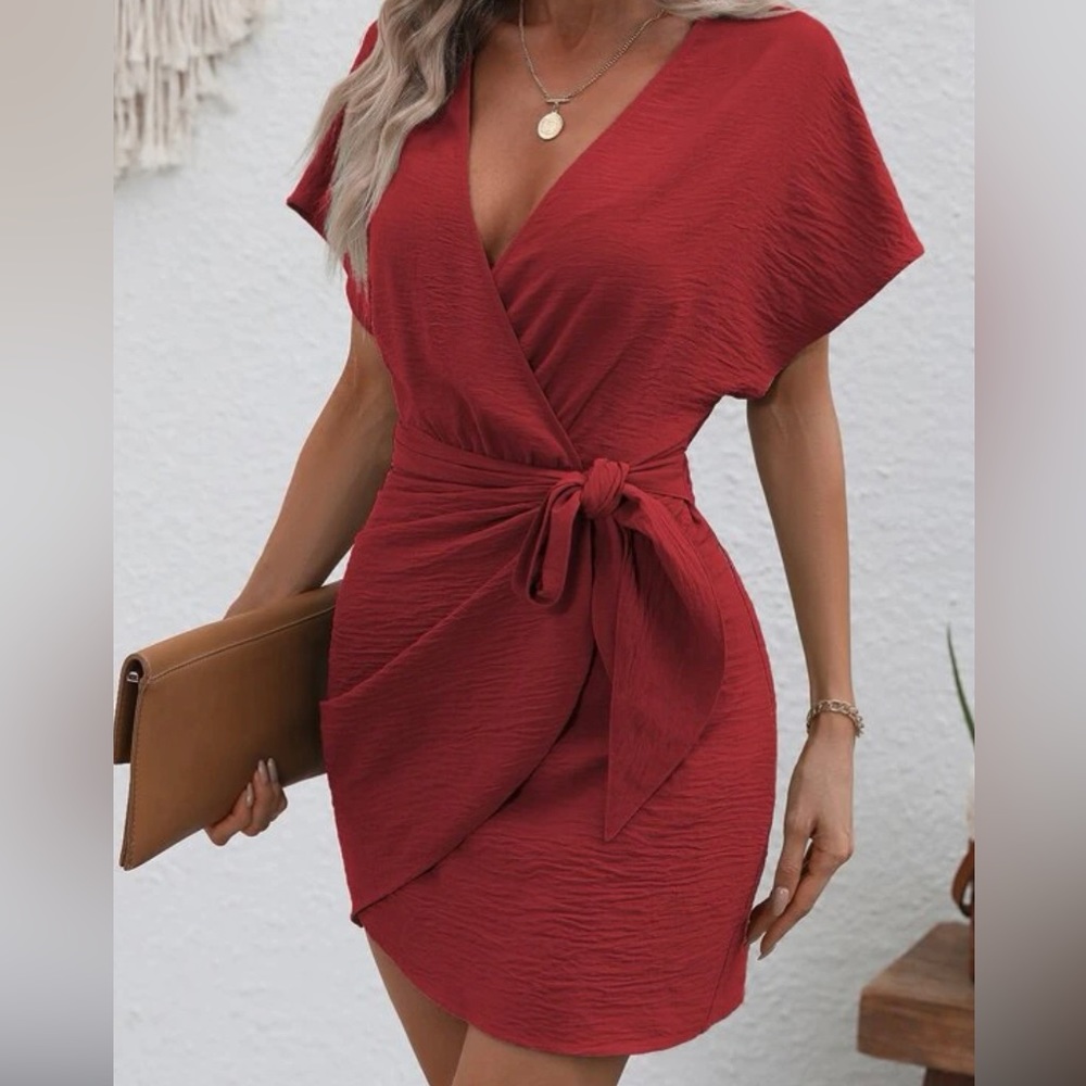 NWOT Red Dolman Sleeve Overlap Collar Wrap Hem Tie Front Dress - Picture 2 of 4